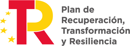 Logo del Plan de Recuperación, Transformación y Resiliencia, destacando las letras "R" y "T" en colores rojo y amarillo, con estrellas que representan la Unión Europea.